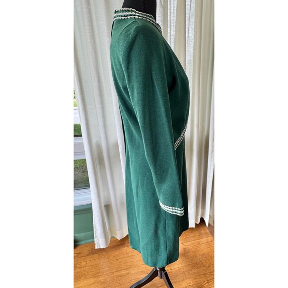 Vintage 60s dress, forest green, mock waistcoat, faux vest bodice, striped trim - Picture 6 of 10